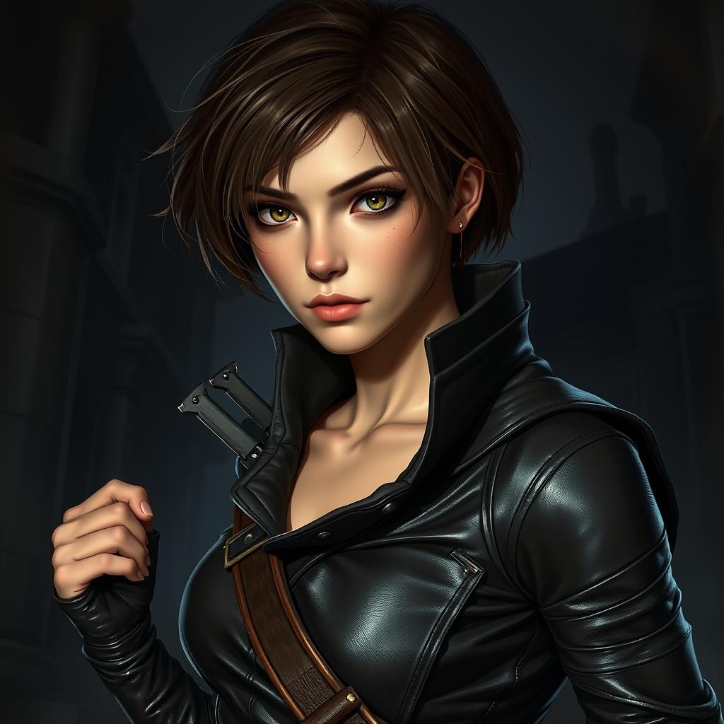 A 25-year-old female human rogue assassin, featuring short brown hair and captivating brown eyes