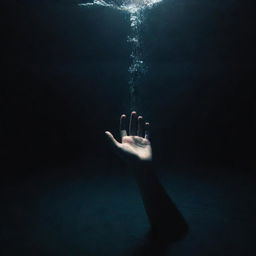 In deep, dark waters, a person is drowning. Illustrate just their desperate hand breaking the water's surface, reaching up towards the vague light refracting from above. create this scene suspenseful but without emphasis on the violent aspect.