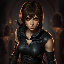 A 25-year-old female human rogue assassin, featuring short brown hair and captivating brown eyes