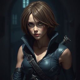 A 25-year-old female human rogue assassin, featuring short brown hair and captivating brown eyes