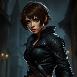 A 25-year-old female human rogue assassin, featuring very short brown hair and intense brown eyes