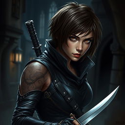 A 25-year-old female human rogue assassin, featuring very short brown hair and intense brown eyes