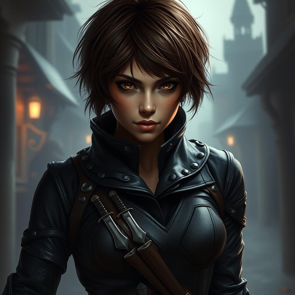 A 25-year-old female human rogue assassin, featuring very short brown hair and intense brown eyes