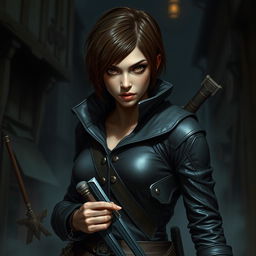 A 25-year-old female human rogue assassin, featuring very short brown hair and intense brown eyes