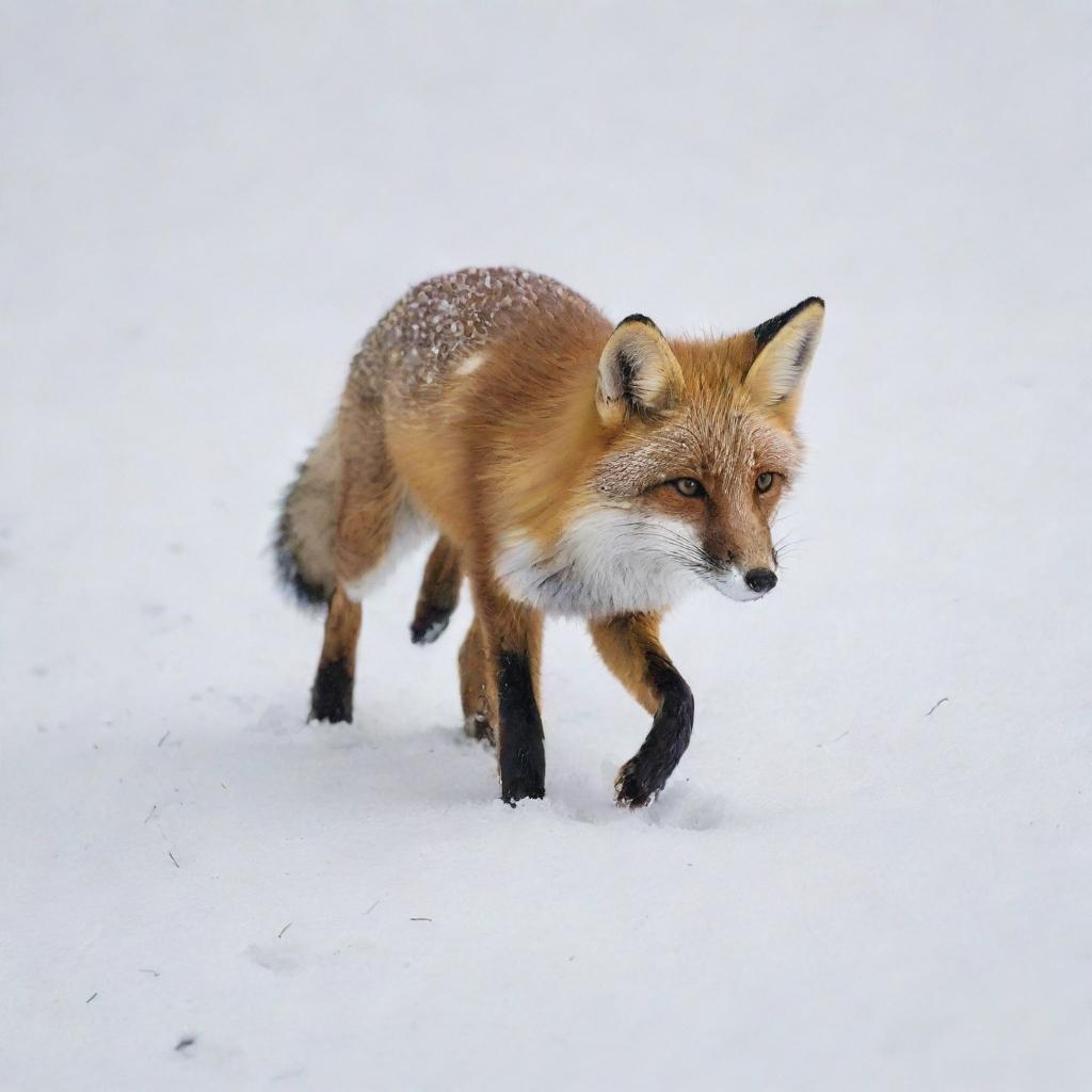 A playful fox in a snowy landscape, leaving tracks in the fresh white snow.