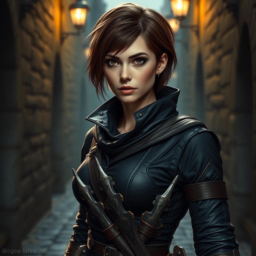 A 25-year-old female human rogue assassin with short brown hair, dressed in sleek, dark attire suitable for stealth