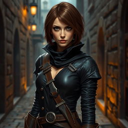 A 25-year-old female human rogue assassin with short brown hair, dressed in sleek, dark attire suitable for stealth