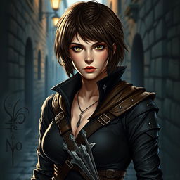 A 25-year-old female human rogue assassin with short brown hair, dressed in sleek, dark attire suitable for stealth