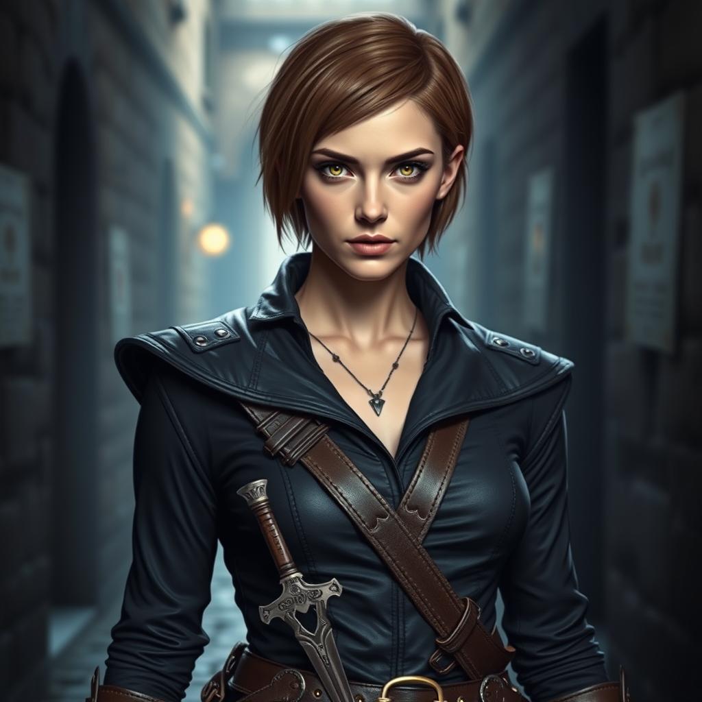 A 25-year-old female human rogue assassin with short brown hair, dressed in sleek, dark attire suitable for stealth