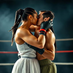 A strong, confident female boxer with braided hair and a muscular build sharing a passionate kiss with an elegant male ballet dancer in a graceful pose