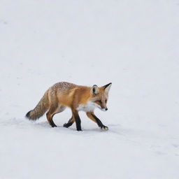 A playful fox in a snowy landscape, leaving tracks in the fresh white snow.