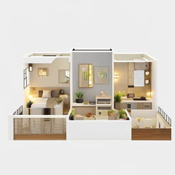 A detailed 2BHK (2 Bedroom, Hall, Kitchen) house model featuring modern interior design, well-lit spacious living room, comfortable bedrooms, a sleek kitchen, and ample natural light.