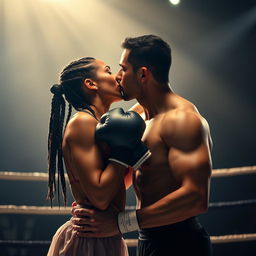 A strong, confident female boxer with braided hair and a muscular build sharing a passionate kiss with an elegant male ballet dancer in a graceful pose