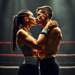 A strong, confident female boxer with braided hair and a muscular build sharing a passionate kiss with an elegant male ballet dancer in a graceful pose