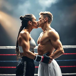 A strong, confident female boxer with braided hair and a muscular build sharing a passionate kiss with an elegant male ballet dancer in a graceful pose