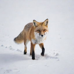 A playful fox in a snowy landscape, leaving tracks in the fresh white snow.