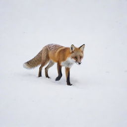 A playful fox in a snowy landscape, leaving tracks in the fresh white snow.