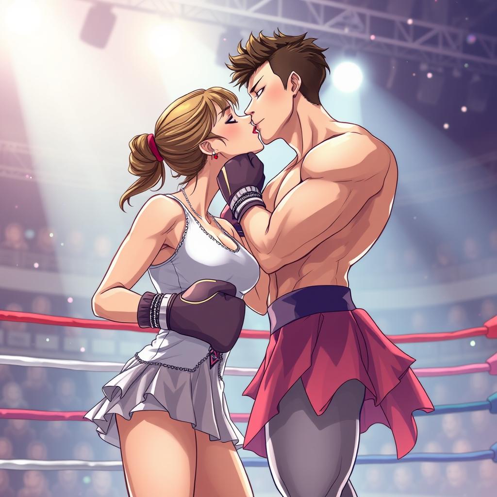 Anime-style illustration of a female boxer and a male ballet dancer sharing a romantic kiss