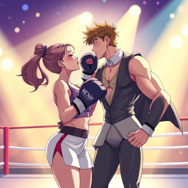 Anime-style illustration of a female boxer and a male ballet dancer sharing a romantic kiss