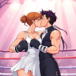 Anime-style illustration of a female boxer and a male ballet dancer sharing a romantic kiss