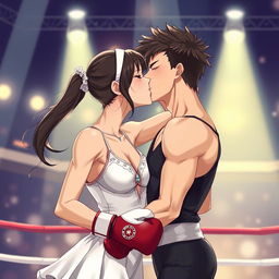 Anime-style illustration of a female boxer and a male ballet dancer sharing a romantic kiss