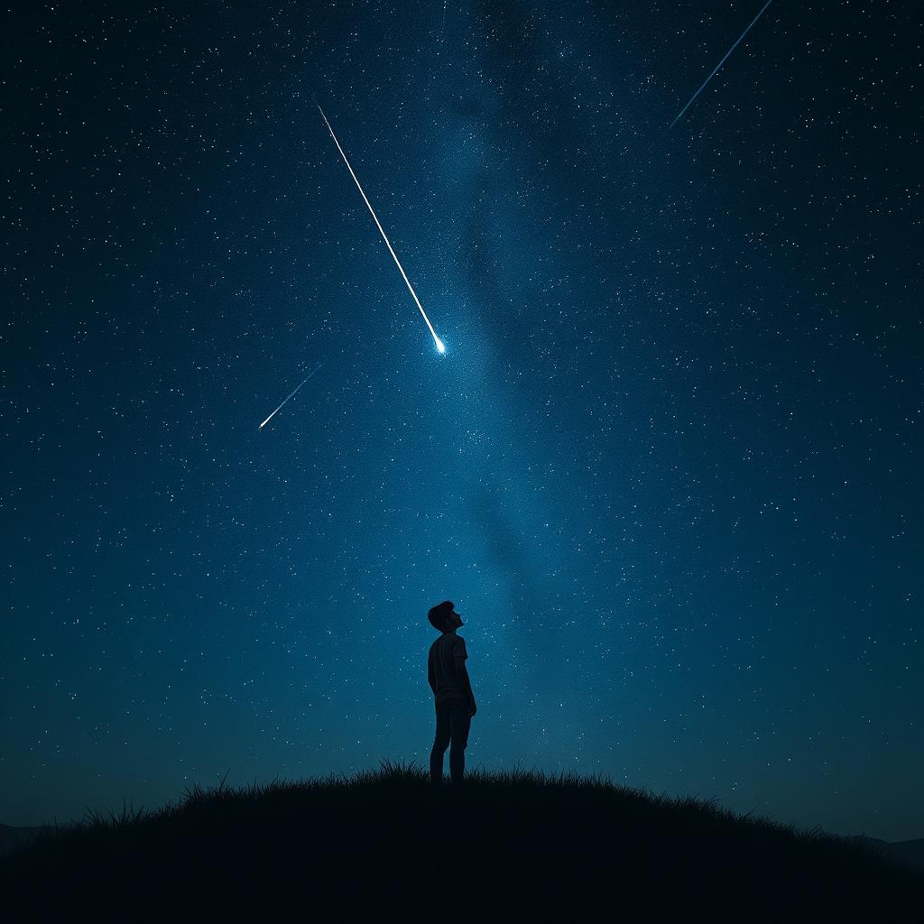 A young adult stands on a grassy hill under a vast, starry night sky, gazing upward in awe