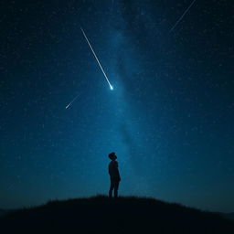 A young adult stands on a grassy hill under a vast, starry night sky, gazing upward in awe