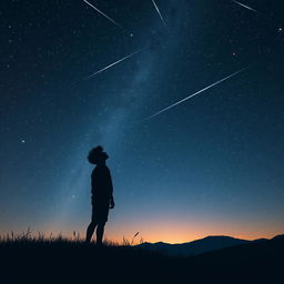 A young adult stands on a grassy hill under a vast, starry night sky, gazing upward in awe