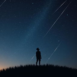 A young adult stands on a grassy hill under a vast, starry night sky, gazing upward in awe