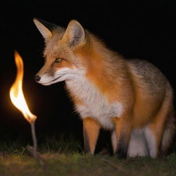 A fox playfully encountering a harmless flame, entranced by its warm glow against the night, but maintaining a safe distance.