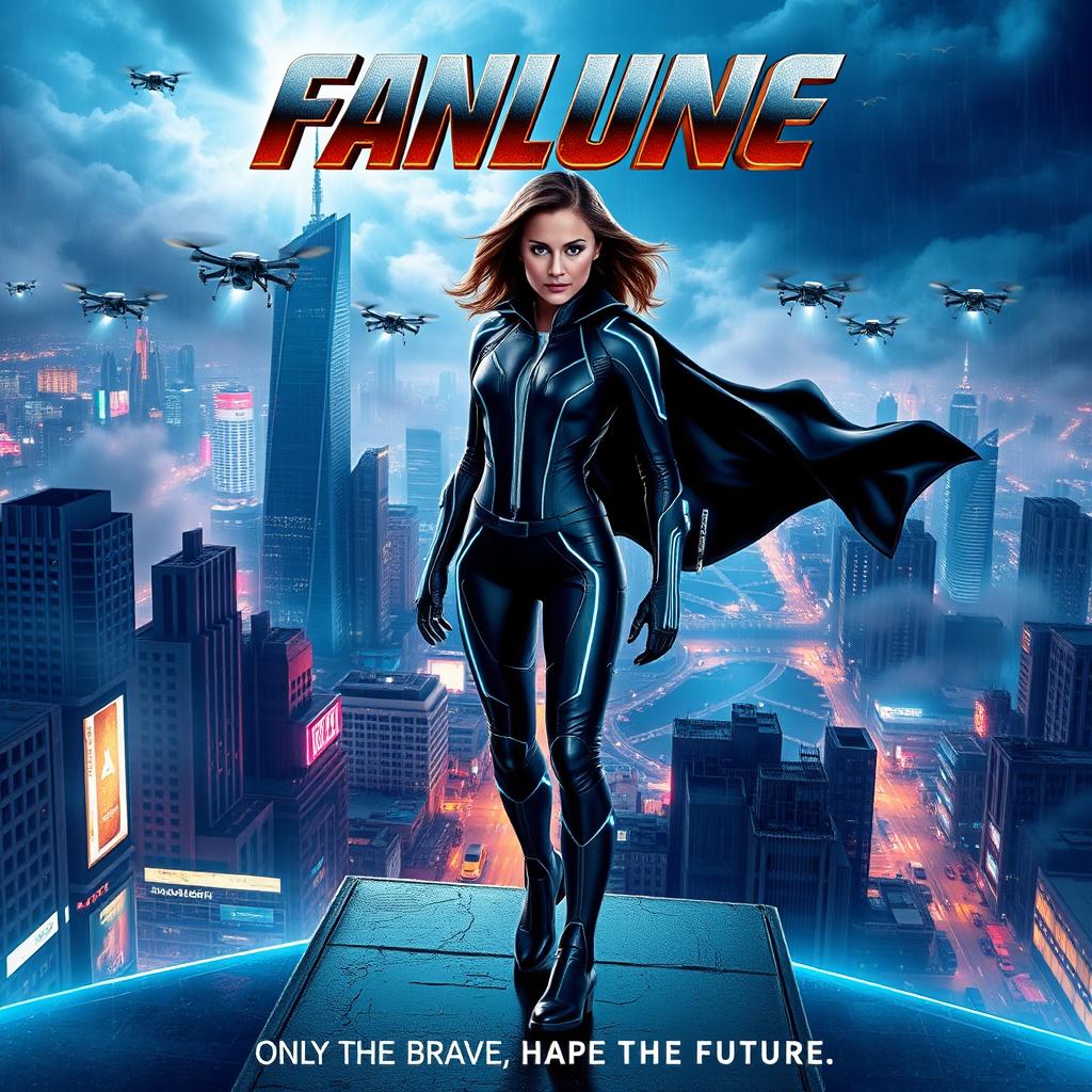 A striking and dynamic movie poster featuring a fearless heroine atop a futuristic cityscape