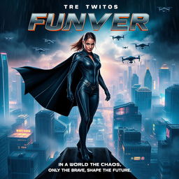 A striking and dynamic movie poster featuring a fearless heroine atop a futuristic cityscape