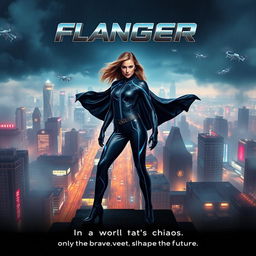 A striking and dynamic movie poster featuring a fearless heroine atop a futuristic cityscape