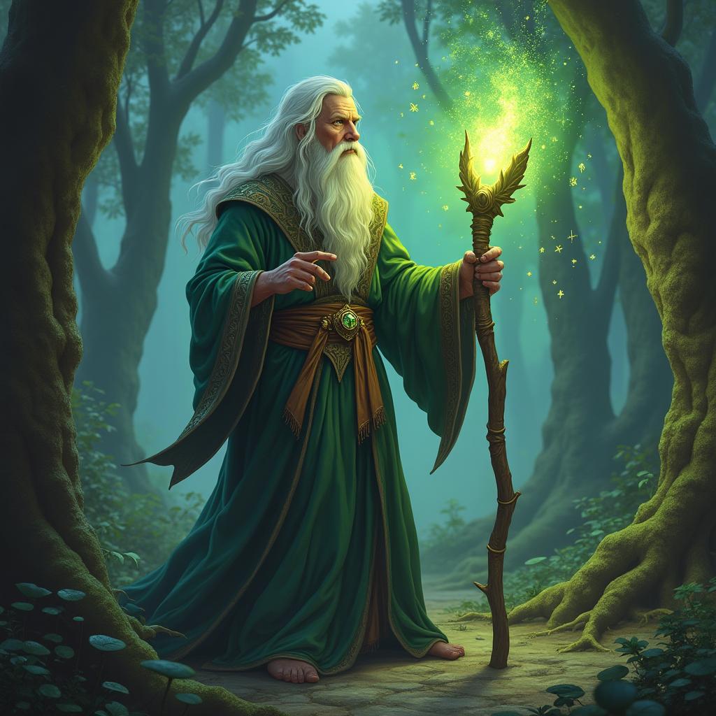 A mystical wizard in a flowing robe adorned with arcane symbols stands in an ancient forest clearing