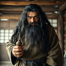 A heavy-set drunken master with long, dark matted hair and a rugged stubble beard