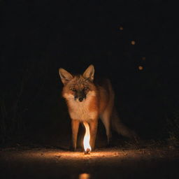 A fox playfully encountering a harmless flame, entranced by its warm glow against the night, but maintaining a safe distance.