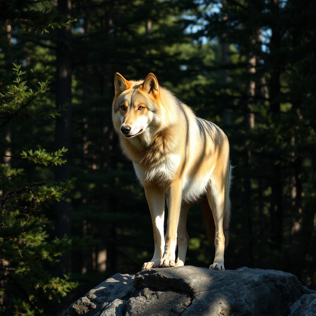 a majestic wolf in a dense forest, with sunlight filtering through the trees, casting patterned shadows on its fur