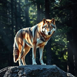 a majestic wolf in a dense forest, with sunlight filtering through the trees, casting patterned shadows on its fur