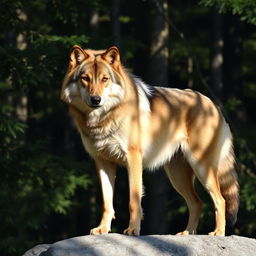 a majestic wolf in a dense forest, with sunlight filtering through the trees, casting patterned shadows on its fur