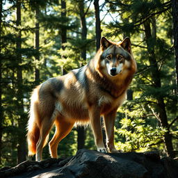 a majestic wolf in a dense forest, with sunlight filtering through the trees, casting patterned shadows on its fur