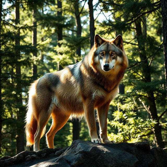 a majestic wolf in a dense forest, with sunlight filtering through the trees, casting patterned shadows on its fur