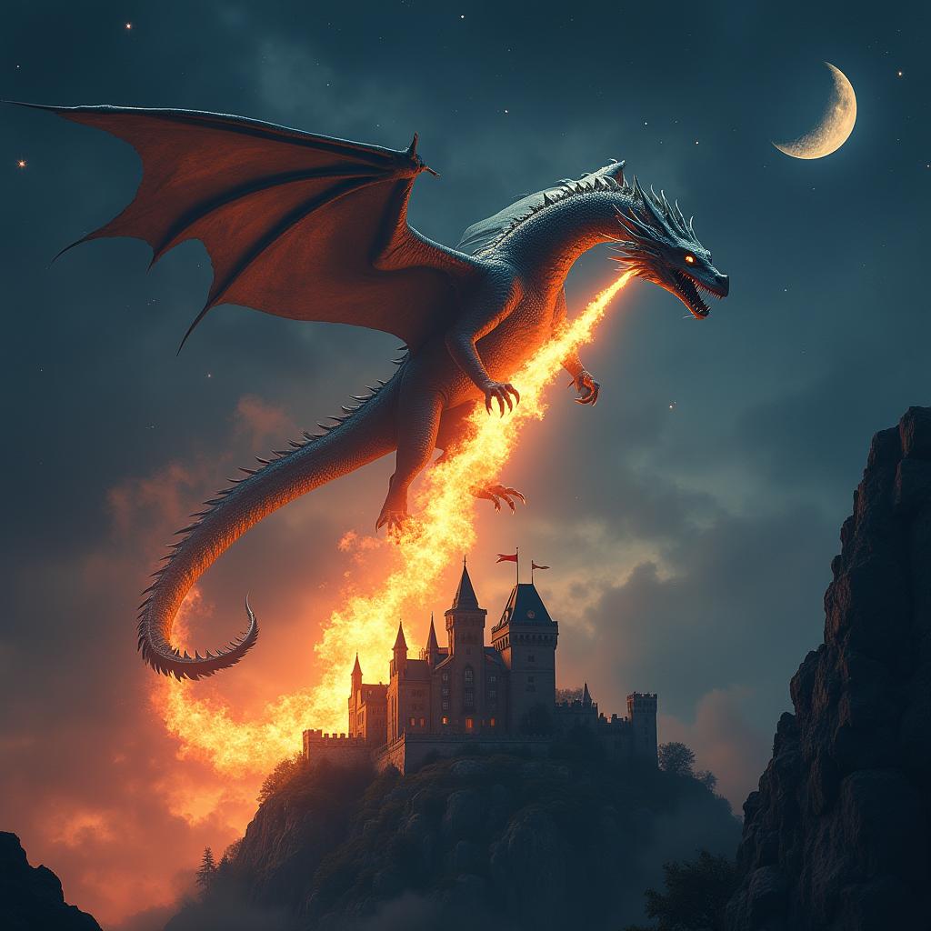 A cinematic movie poster featuring a majestic fire-breathing dragon