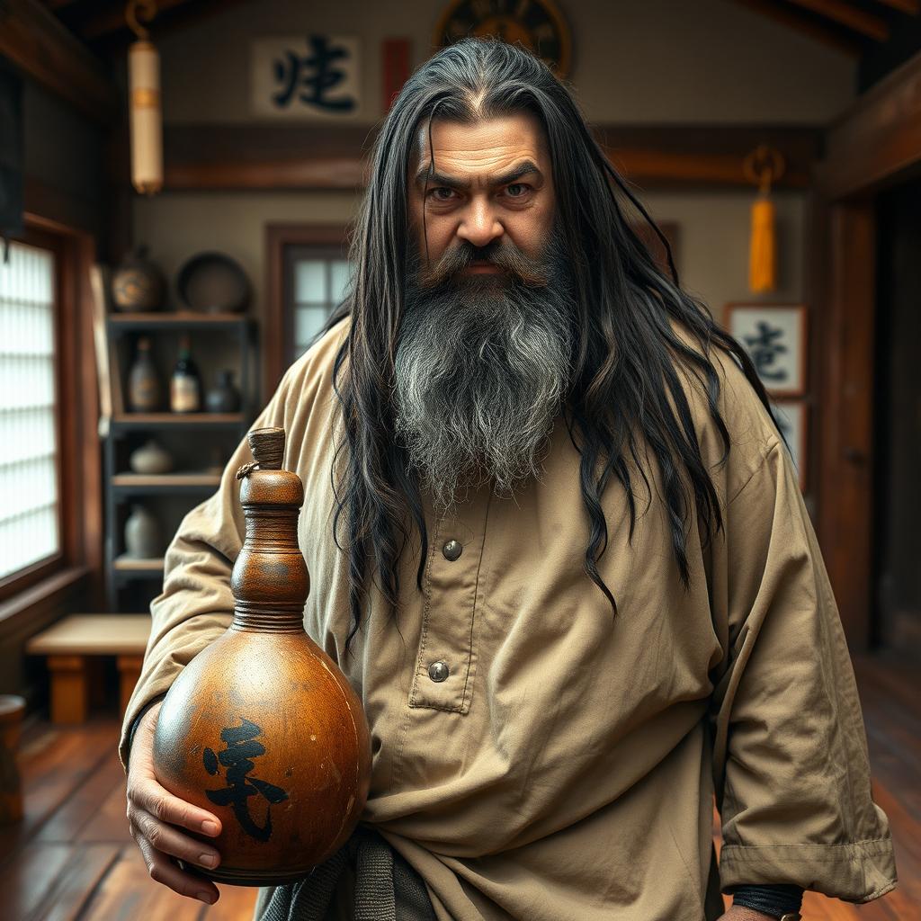 A heavy-set drunken master with long, dark matted hair and a short beard