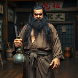 A heavy-set drunken master with long, dark matted hair and a short beard