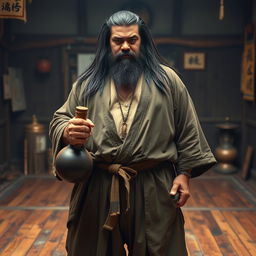 A heavy-set drunken master with long, dark matted hair and a short beard