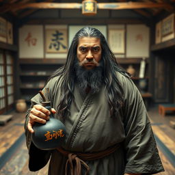 A heavy-set drunken master with long, dark matted hair and a short beard