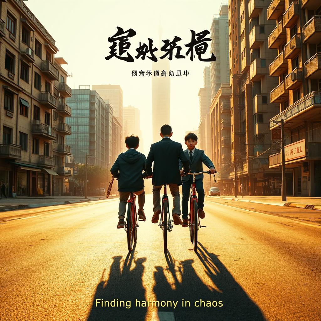 A detailed and gritty movie poster featuring two middle school-aged boys riding bicycles through the streets of Shenyang, China