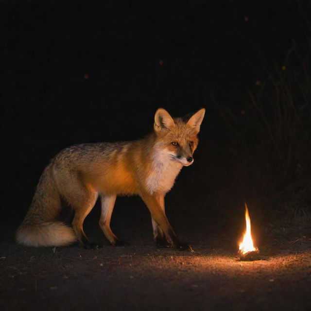 A fox playfully encountering a harmless flame, entranced by its warm glow against the night, but maintaining a safe distance.