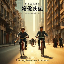 A detailed and gritty movie poster featuring two middle school-aged boys riding bicycles through the streets of Shenyang, China