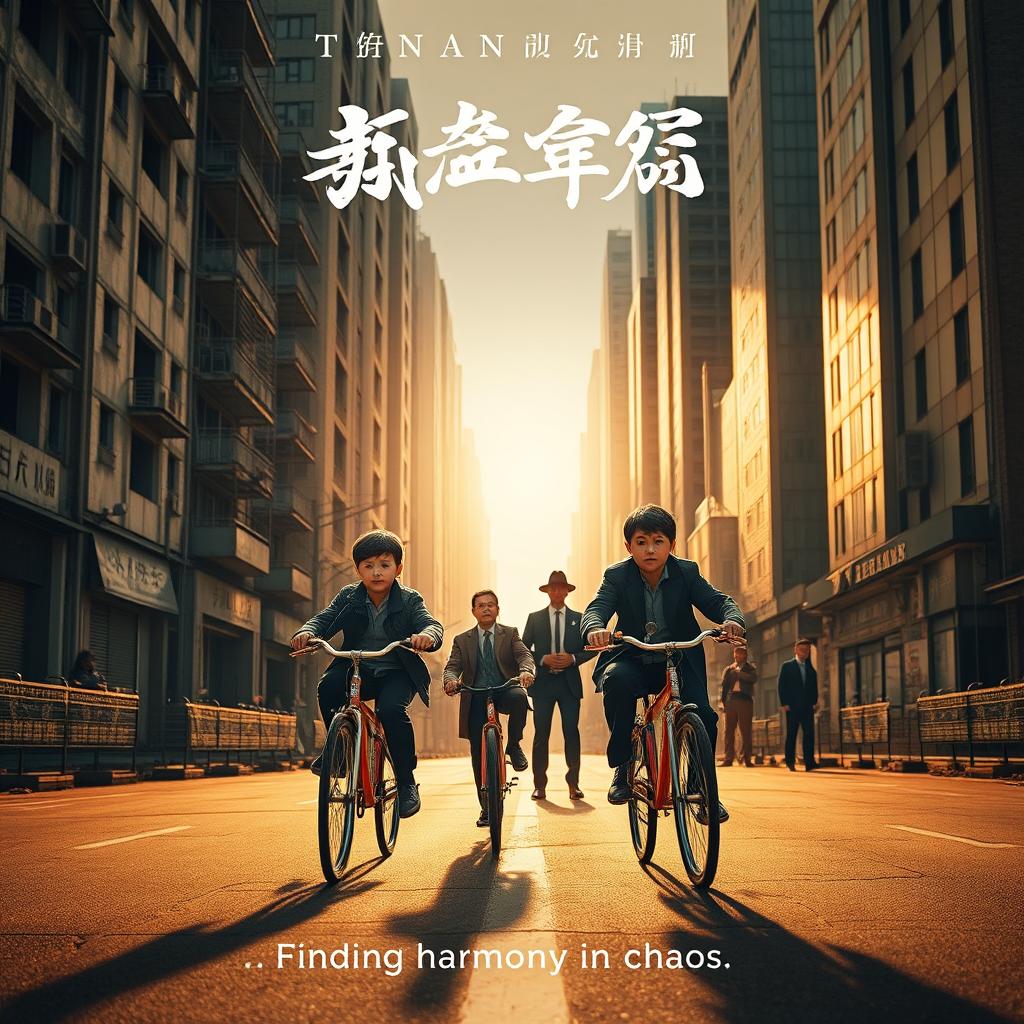 A detailed and gritty movie poster featuring two middle school-aged boys riding bicycles through the streets of Shenyang, China